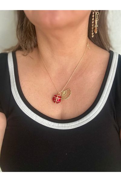 ALS Tasarım Dünyası Women's Steel Chain Red Color Ladybug and Fan Model Stylish Design Necklace