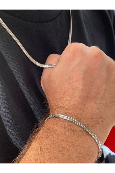 kurukafagift Steel Stainless Men's Necklace Bracelet Set Italian Model Silver Color