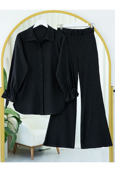 Modamorfo Crinkle Suit with Sleeve Laced Ball Button Trousers - Black