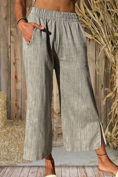 Pasaklı Giyim Women's Black Linen Elastic Waist Pocketed Leg Slit Casual Capri Bermuda Pants 3404209