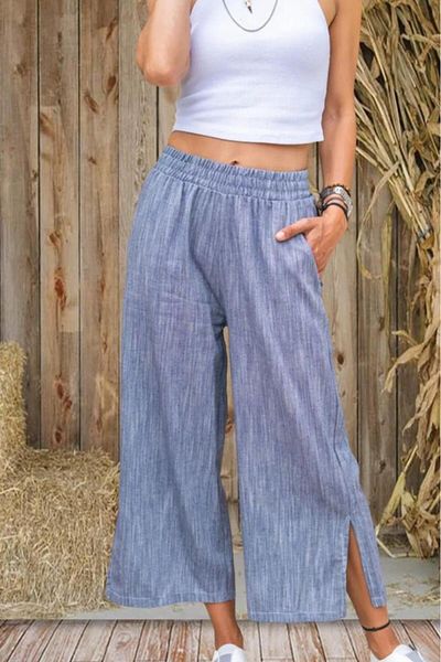 Pasaklı Giyim Women's Navy Blue Linen Elastic Waist Pocketed Leg Slit Casual Capri Bermuda Pants 3404209