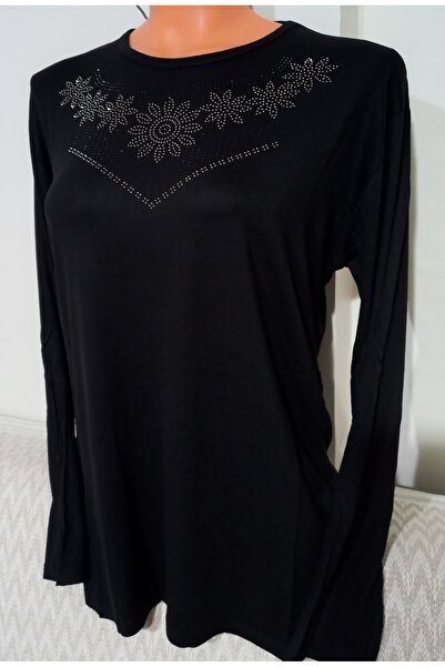 Anne Er Clothing Mother Summer Combed Cotton Blouse Long-Sleeve Crew Neck with Stones