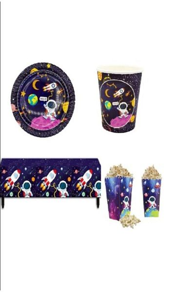 ZENVİVA Space Themed Plate Cup Tablecloth And Corn Box