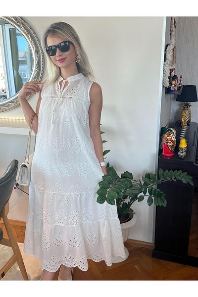 Cardella Rochie Brode albă fără mâneci pentru femei Rochie brodată Fisto