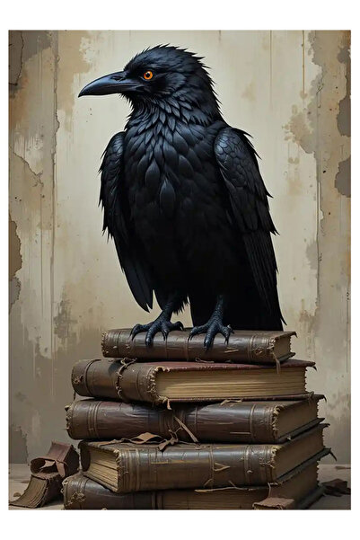 Bedeko Kuzgun ve Kitaplar Ahşap Tablo