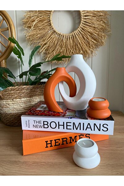 Porselian Σετ βάζο και κηροπήγιο Sarmaşık Sevgili Bohemian 4 τεμαχίων