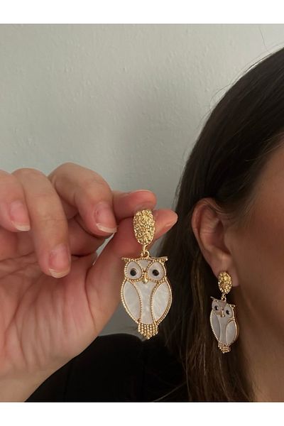ALS Tasarım Dünyası Women's White Color Pearlescent Gold Color Transitional Owl Figured Earrings