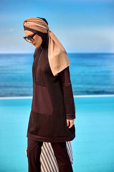 Marina Swimwear Brown Full Covered Hijab Swimsuit – Tulle Detailed, Fixing, M2534-4