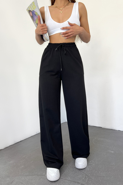 Hera Moda Dámské černé letní tepláky s vysokým pasem a širokými nohavicemi