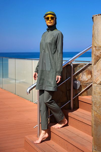 Marina Swimwear Khaki Full Covered Hijab Swimsuit with Tulle Detail, Fixing, M2534-3