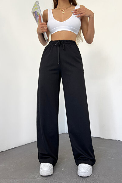 Hera Moda Dámské černé letní tepláky s vysokým pasem a širokými nohavicemi