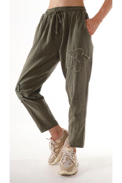shE tekstil Appliqued Floral Sequined Trousers Khaki