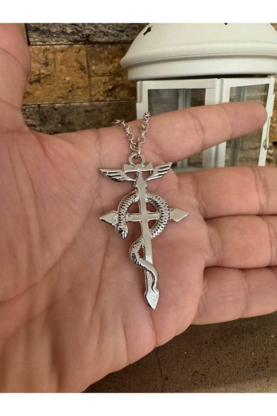 Herşey Nota Snake and Cross Unisex Necklace – with 60 cm Chain, Power and Faith Themed Design