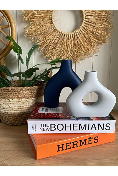 Porselian Vază decorativă dublă, gri bleumarin, boemă, vază, pachet de 2