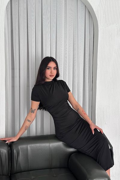 MOZENA Sandy Fabric Short Sleeve Drape Detail Long Dress