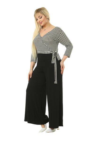 MELSAY Women's Black Houndstooth Patterned Plus Size Double Breasted Collar Jumpsuit