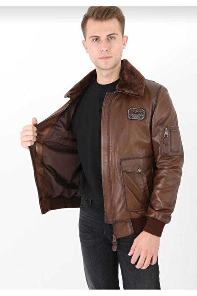 MİRENA LEATHER Erkek Taba Hakiki Deri Pilot Mont Lüks Kürk Yaka Detaylı
