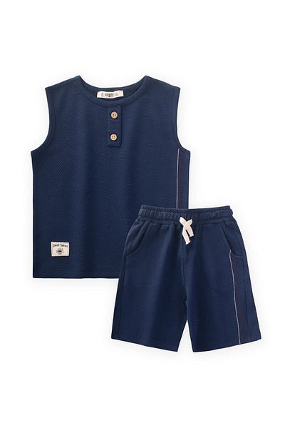 Cigit Style Line Detailed Zero Sleeve Waffle Suit 2-7 Years Navy Blue