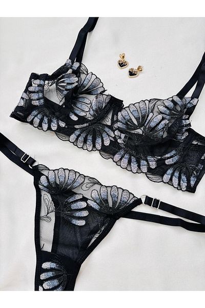 İNKO İÇ GİYİM Economical Floral Underwire Uncovered Tulle Bra Set (Bra Tanga)