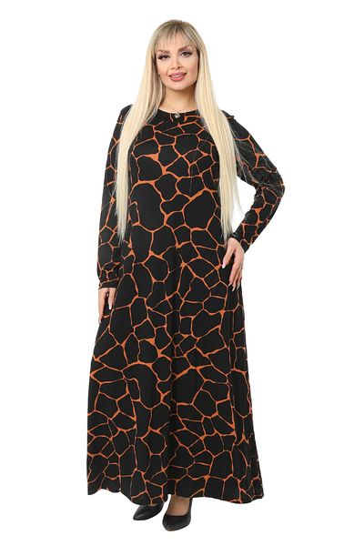 MELSAY Women's Long Sleeve Black Orange Stone Pattern Plus Size Long Dress
