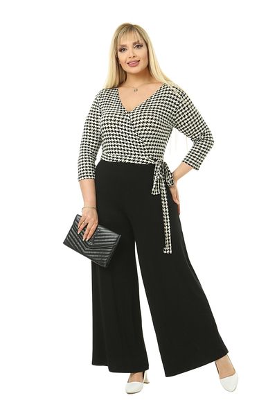 MELSAY Women's Black Houndstooth Patterned Plus Size Double Breasted Collar Jumpsuit