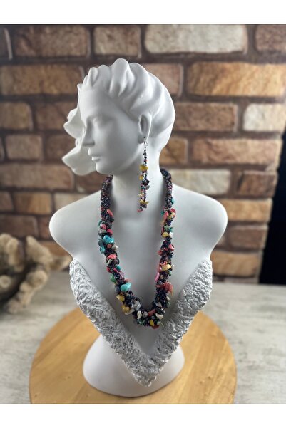 SEDEF TAKI Doğal taşlı sedefli tasarım Vintage kolye ve küpe takım