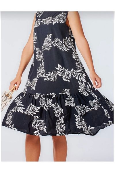 MODA Leaf Patterned over Black, Loose, Comfortable Skirt Ruffle Dress