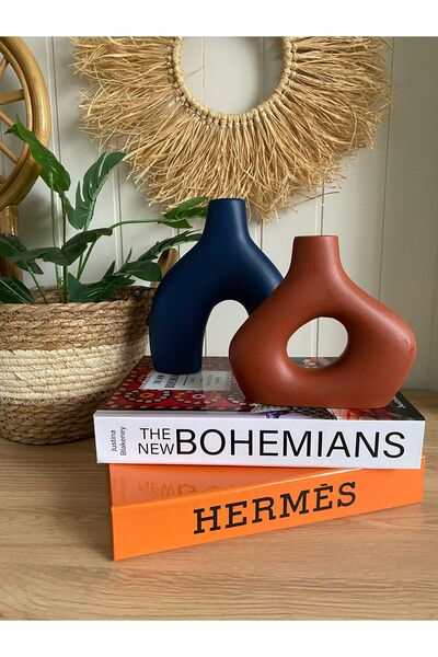 Porselian Διακοσμητικό Βαζάκι Μποέμ Μπλε Ναυτικό Πλακάκι Σετ 2 τεμαχίων