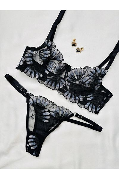 İNKO İÇ GİYİM Economical Floral Underwire Uncovered Tulle Bra Set (Bra Tanga)
