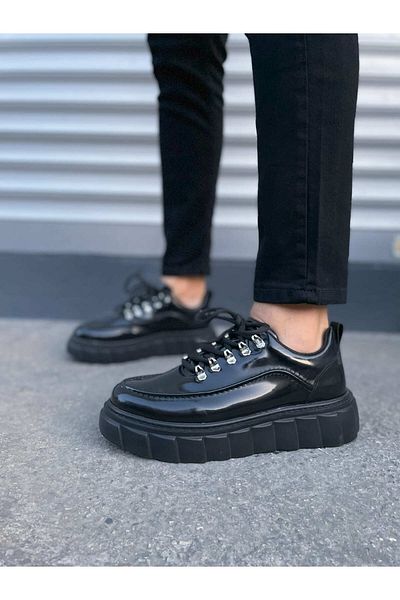 Joy Ayakkabı Jy010 Cloud Lace-Up Patent Leather Men's Casual Sneaker Shoes Rst - Black