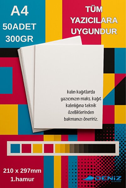 Deniz Karton 50 Adet | A4 Boy 1. Hamur Baskı Kağıdı - 300 Gram - Davetiye Kağ...