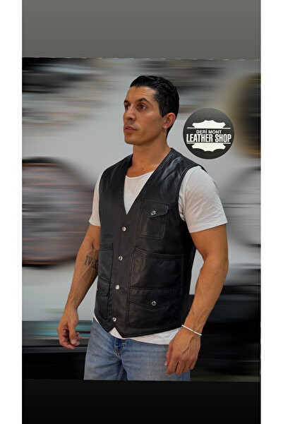 derimont Genuine Lambskin Black Multi-Pocket Leather Vest Genuine Lambskin Bl...
