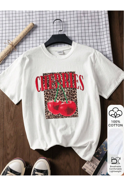 Framgan Kadın/Erkek LEOPAR CHERRİES KİRAZ Baskılı Günlük Kısa Kollu Pamuklu T...