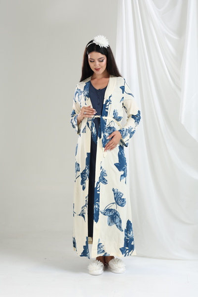 Lohussa Lacivert Desenli Özel Tasarım Tam Boy %100 Yazlık Pamuk Dokuma Hamile Lohusa Sabahlık Gecelik Set