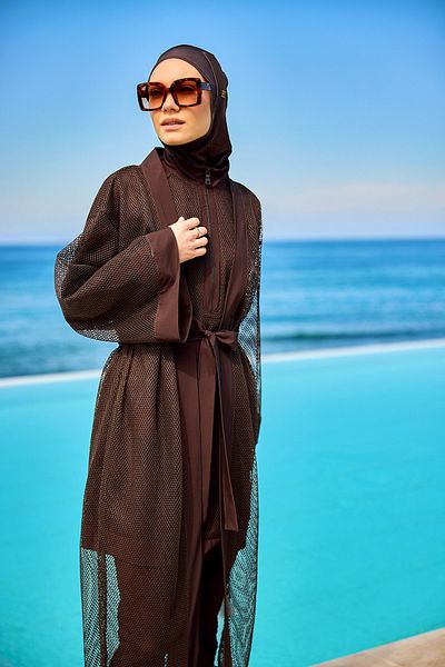 Marina Swimwear Full Length Brown Tulle Kimono – Hijab Beach Pareo P2501-4