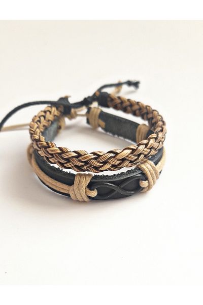 BSN Store سوار من الجلد الطبيعي باللون الأسود من INFINITY BLACK SYMBOL BEIGE STRING مكون من قطعتين من الجلد الطبيعي