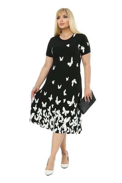 MELSAY Women's Black Short Sleeve Crew Neck Butterfly Pattern Midi Dress