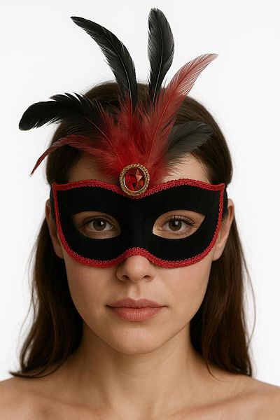 Wovna Red Lace Black Red Feather Black Suede Covered Party Mask 17x25 cm