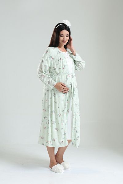 Lohussa Set de cămașă de noapte pentru maternitate, țesut de vară, 100% bumbac, cu model verde apă