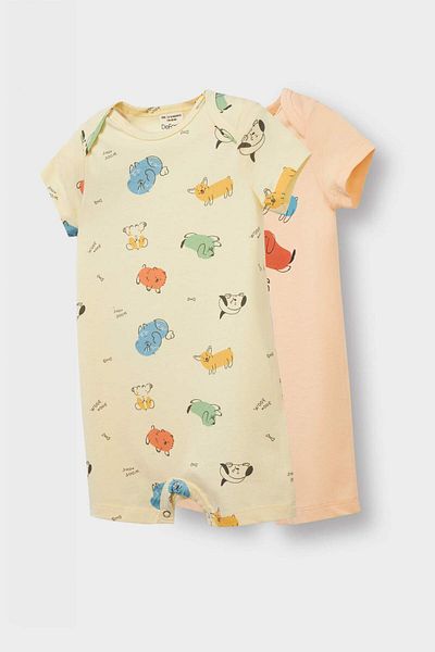 DeFacto Baby Boy Newborn Animal Patterned Combed Cotton 2-Piece Short Sleeve Jumpsuit E4018A525Hs