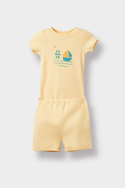 DeFacto Baby Boy 2 Piece Set Dinosaur Printed Short Sleeve Ribbed Camisole Short Sleeve Blossom Body Shorts E8228A