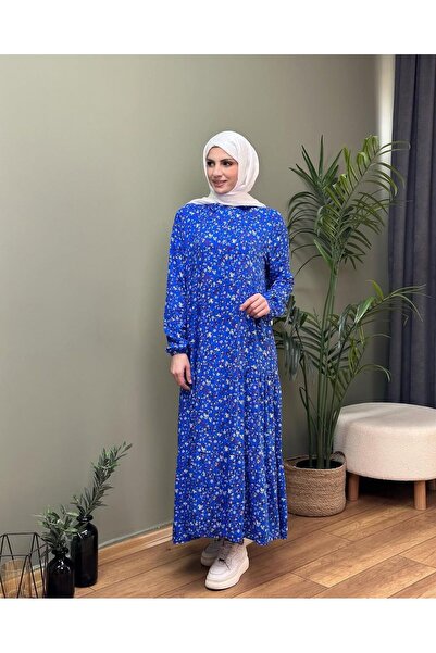 Kadın Tesettür Viscon Kumaş Çiçek Desen 135 cm Geniş Bel İç Göstermez Boydan Elbise