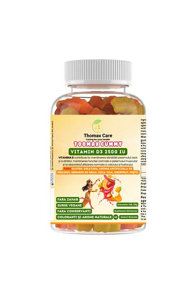 Thomaxcare Vitamin D3 2500 IU Fara Zahar,Vegan TooMax GUMMY ,45 jeleuri gumate