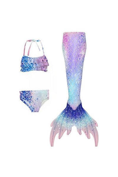 EarthKeepers Set de costum de baie sirenă Ariel, format din 3 piese, albastru pastel, include top, slip și coadă - THK® - 11-12 ani