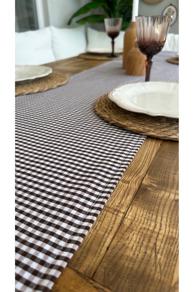 Decamor home Cotton Linen Brown Mini Gingham Runner