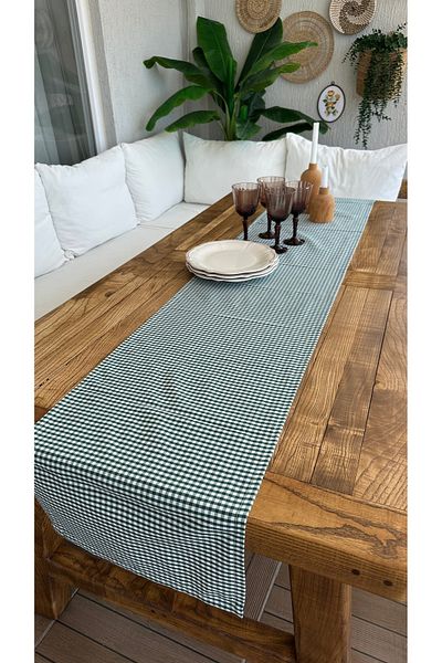 Decamor home Cotton Linen Green White Mini Gingham Stain Resistant Runner