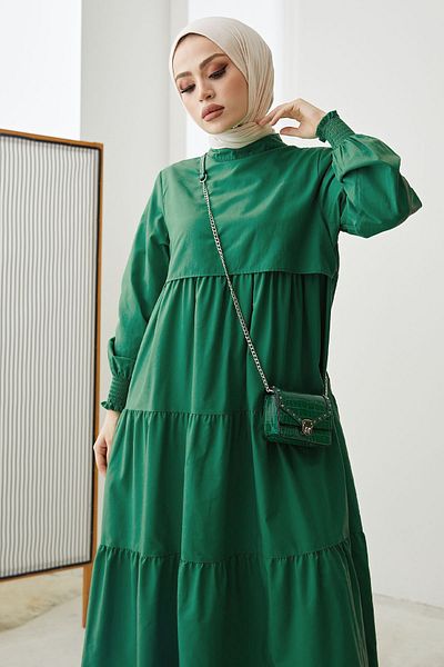 InStyle Single Layer Detail Casual Emerald Green Dress
