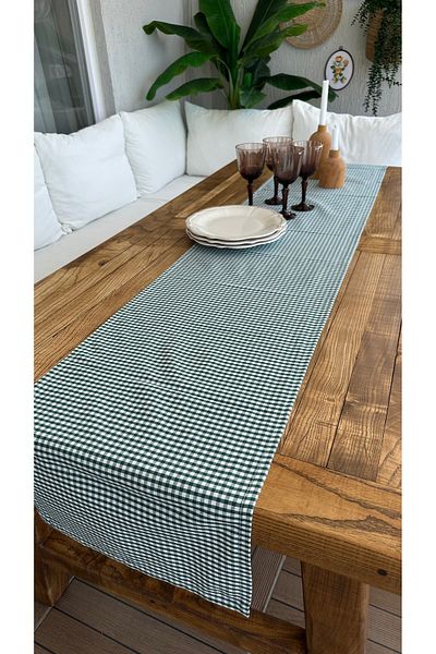 Decamor home Cotton Linen Green White Mini Gingham Stain Resistant Runner