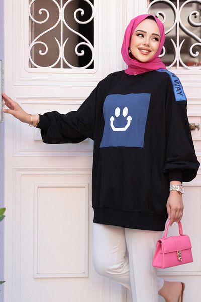 N.S NEVA STYLE Denim Detailed Black Hijab Tunic 20623S