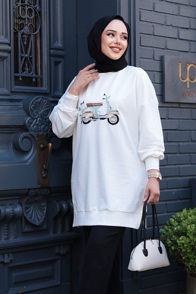 N.S NEVA STYLE Patterned Ecru Hijab Tunic 10636E